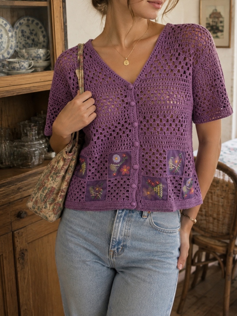 Vintage Boho Crochet Cardigan Purple Floral Mesh Embroidered Top